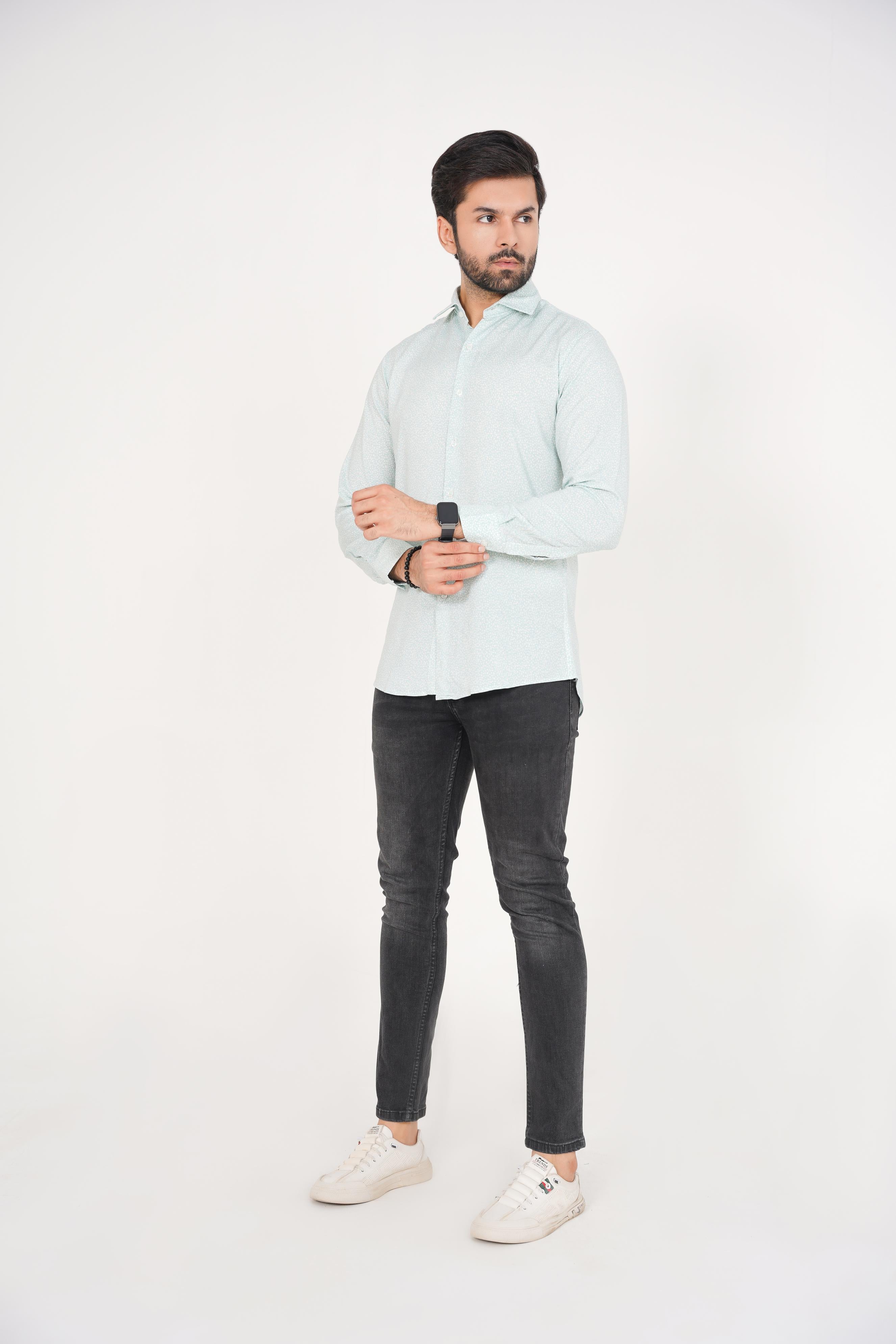 Zara Men's  Regular Fit Mint Green Shirt with White Abstract Pattern