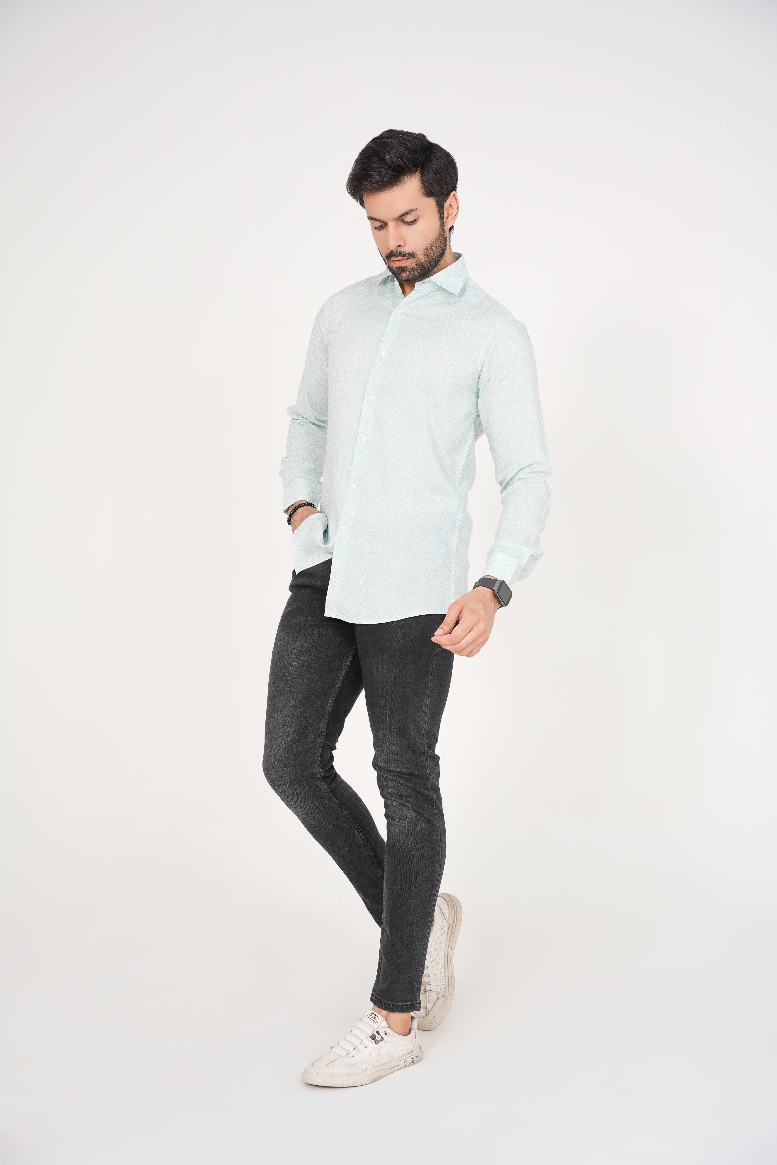 Zara Men's  Regular Fit Mint Green Shirt with White Abstract Pattern