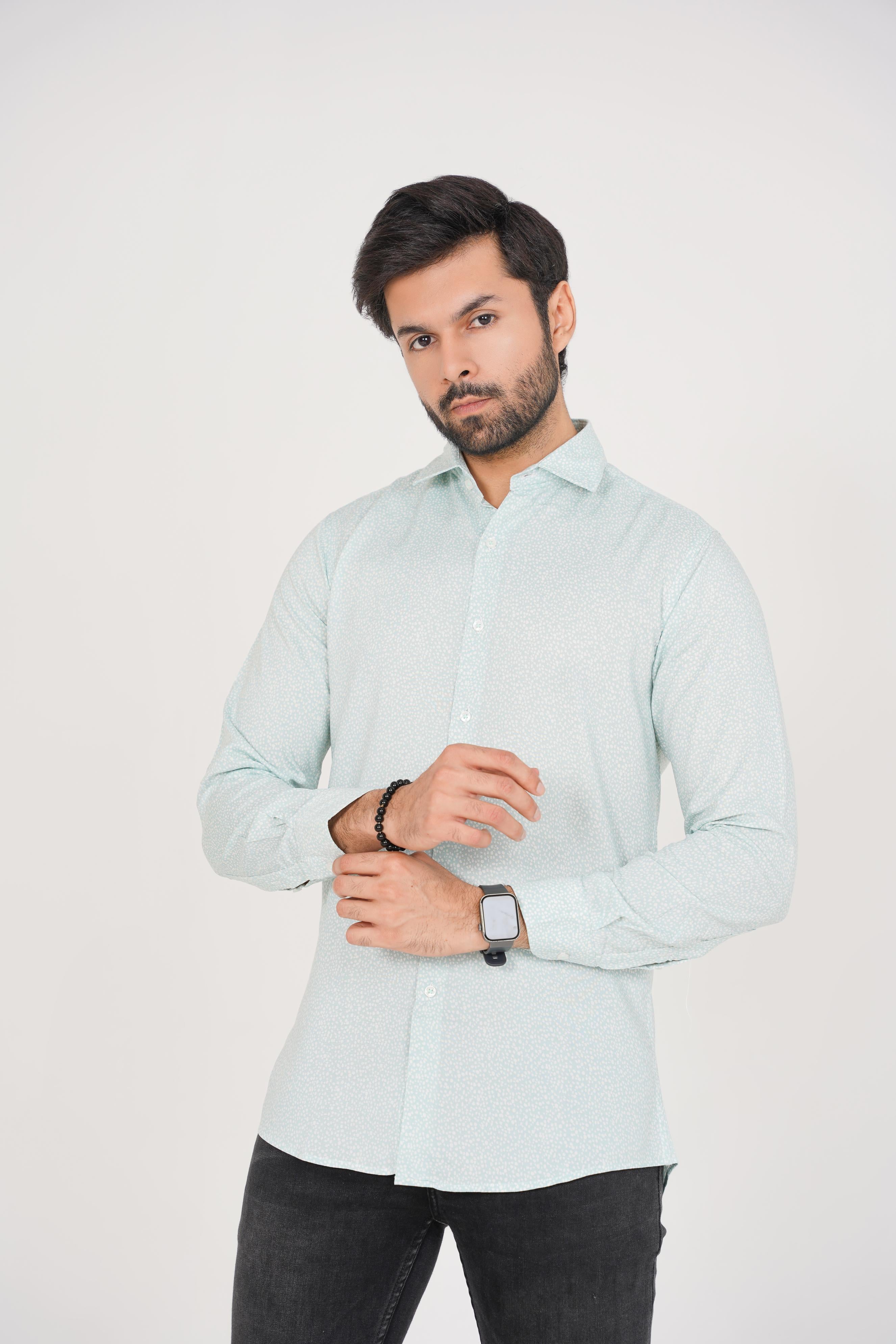 Zara Men's  Regular Fit Mint Green Shirt with White Abstract Pattern