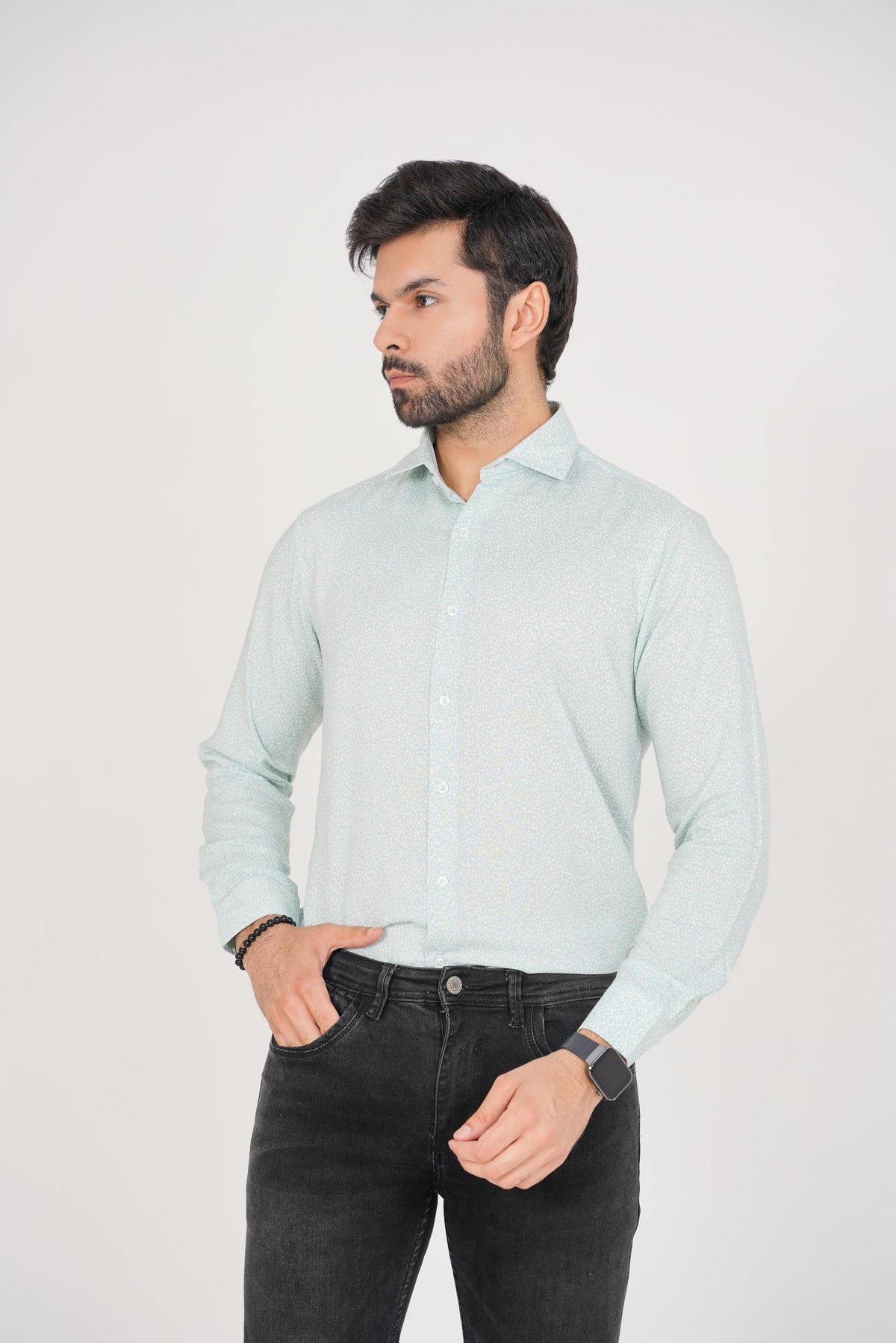 Zara Men's  Regular Fit Mint Green Shirt with White Abstract Pattern