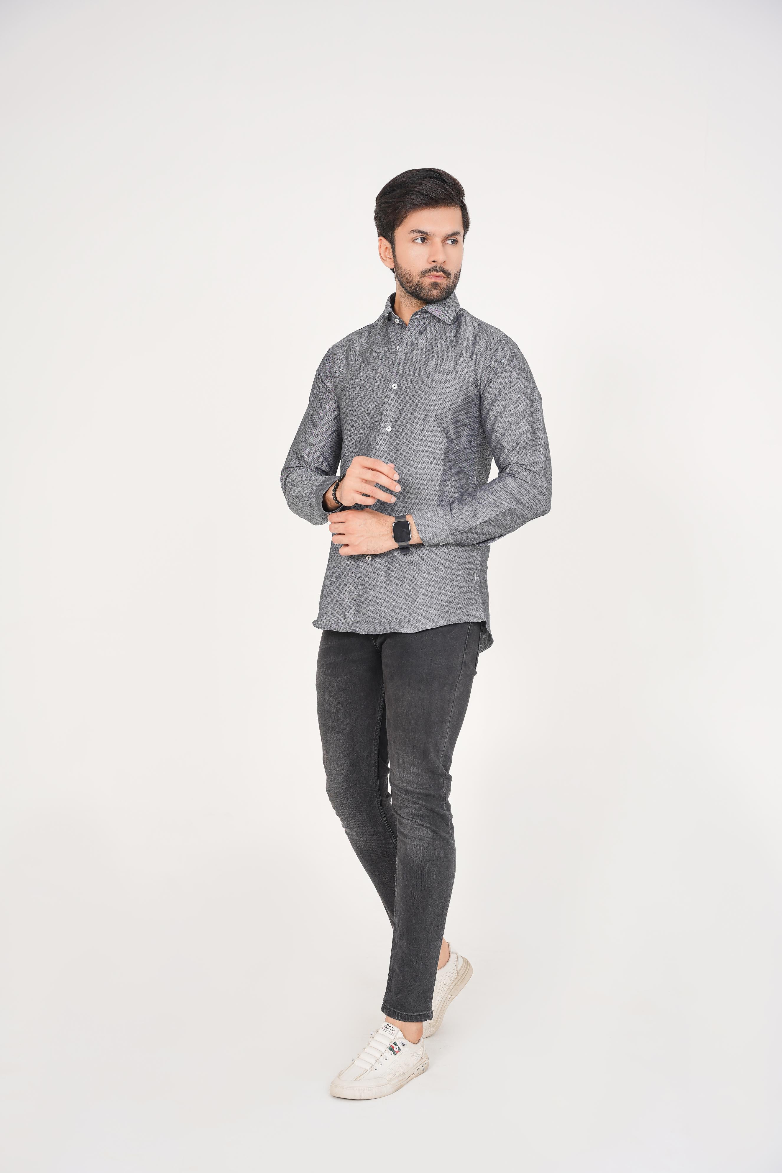 Zara Men's Regular Fit Black Shirt with Subtle Geometric Pattern