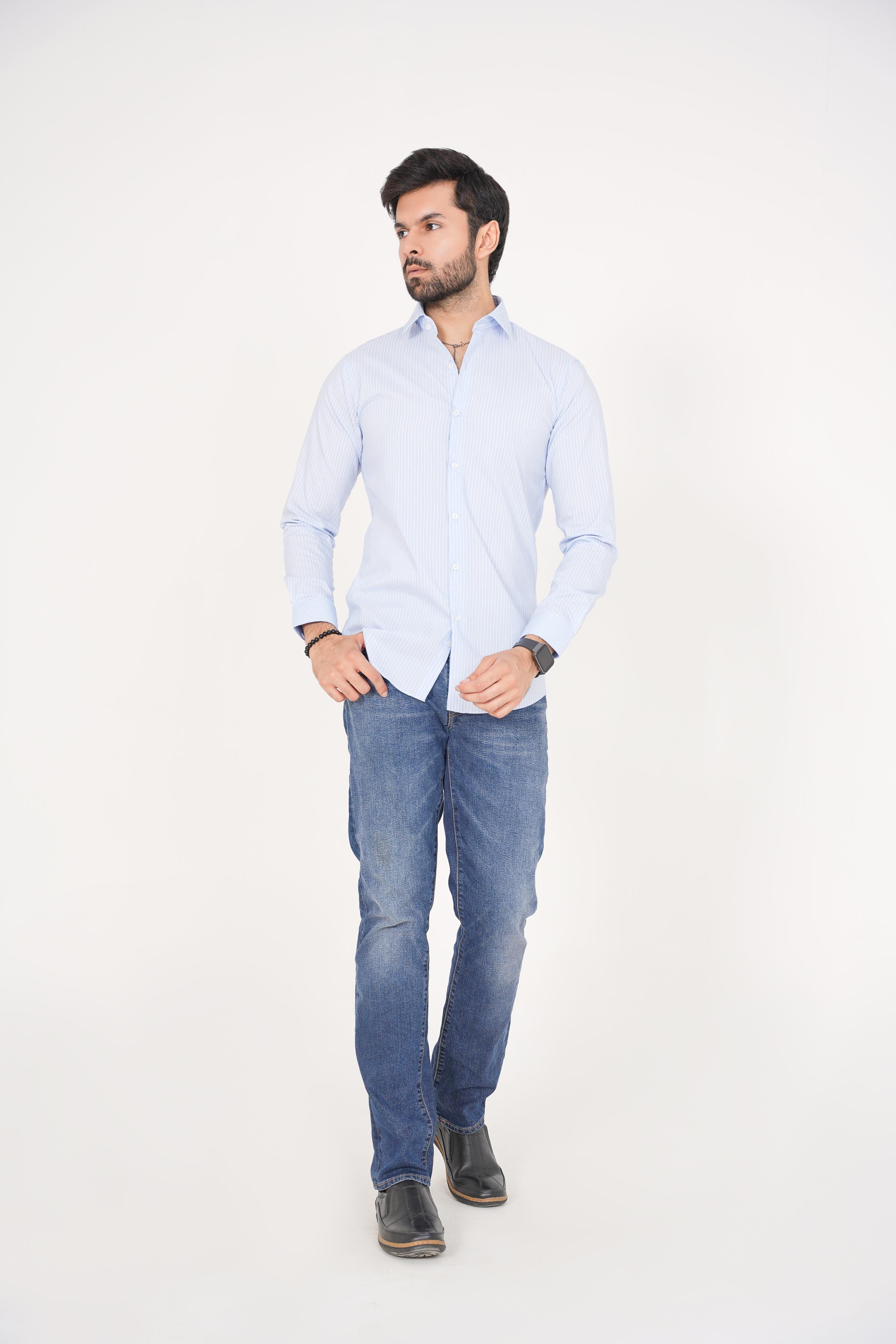 ZARA Men’s Slim Regular Fit  Striped Dress Shirt – Blue & White