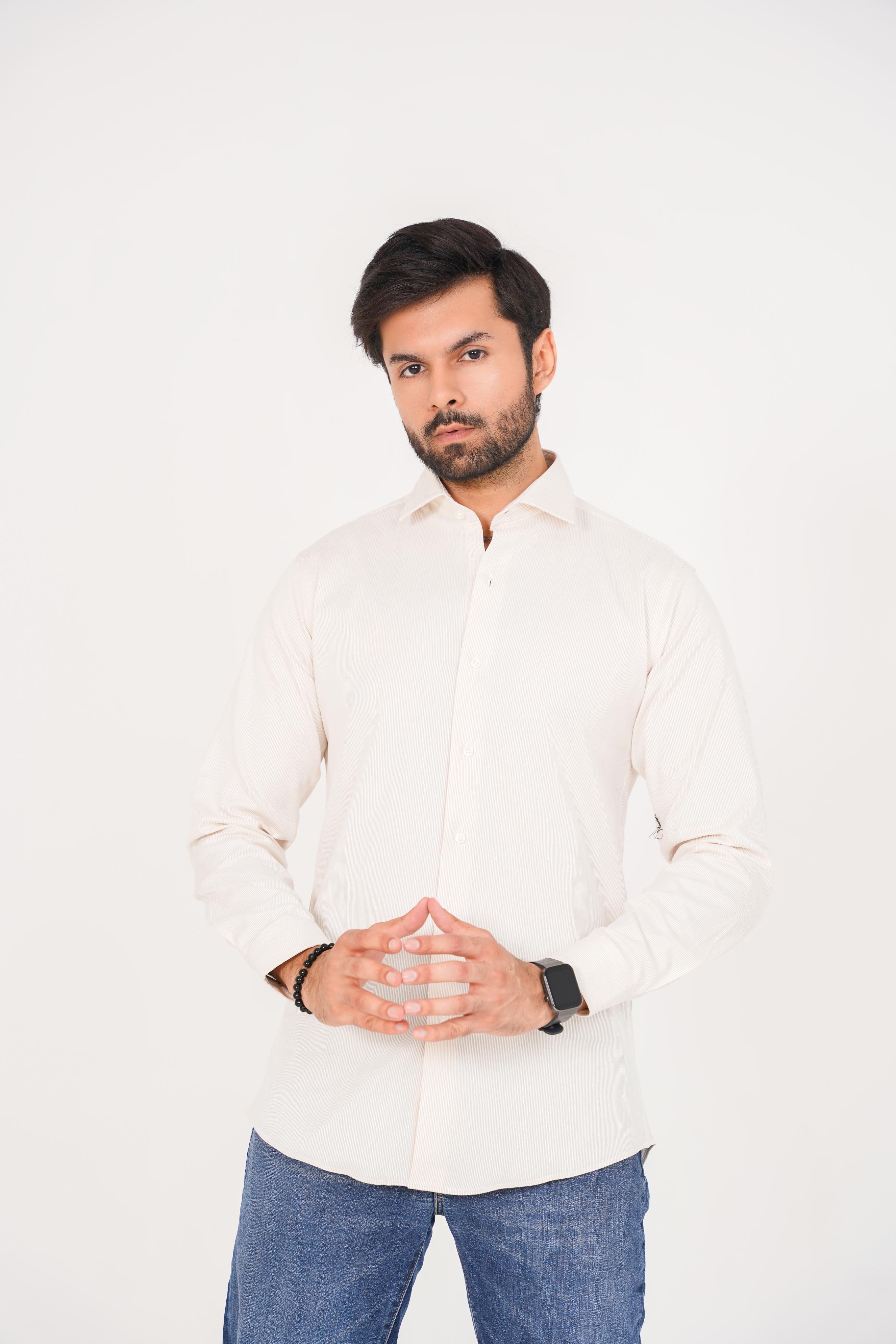 ZARA Men’s  Regular Fit  Striped Dress Shirt – Off-White