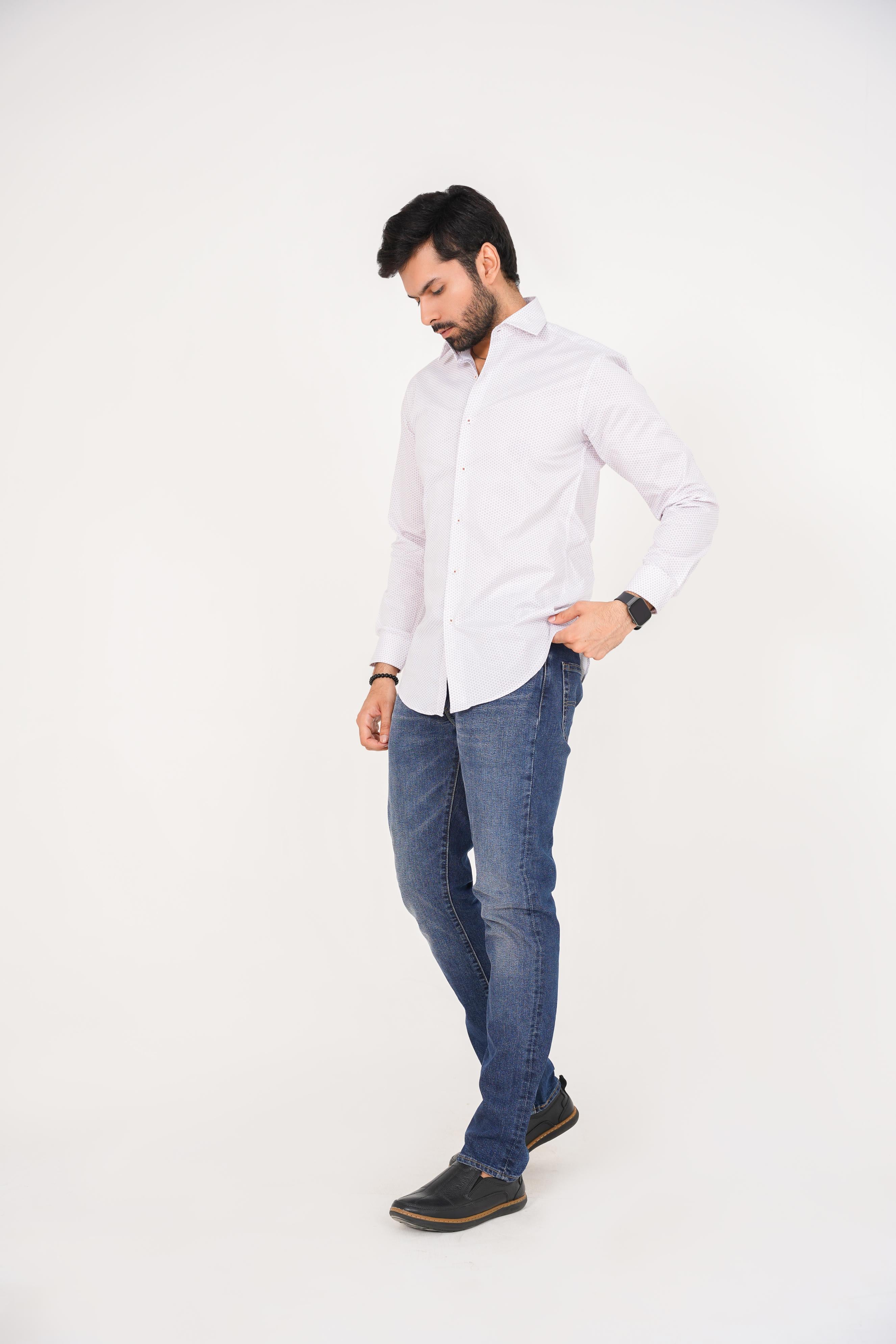 Zara Men's  Regular Fit White Shirt With Red Micro Pattern