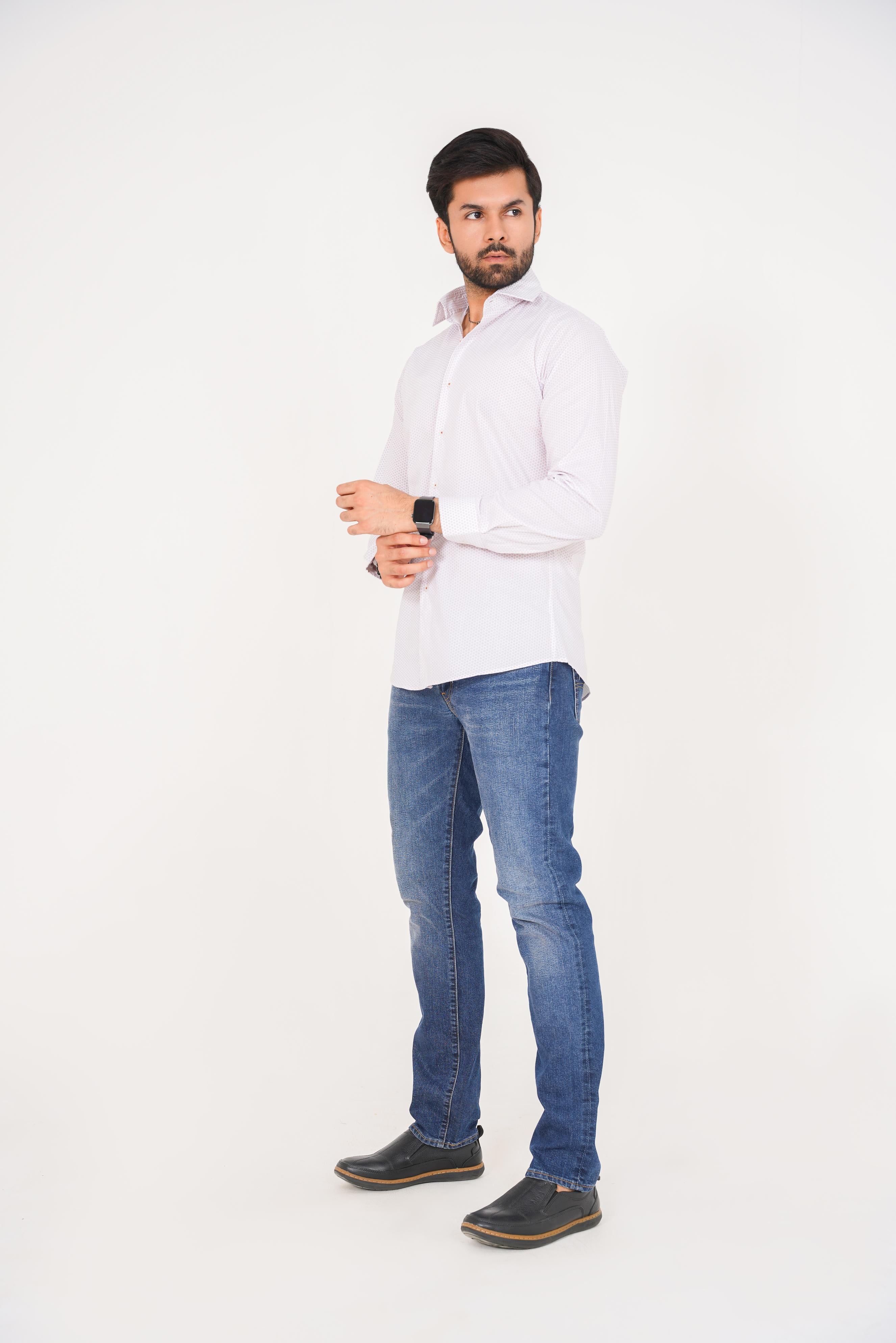Zara Men's  Regular Fit White Shirt With Red Micro Pattern