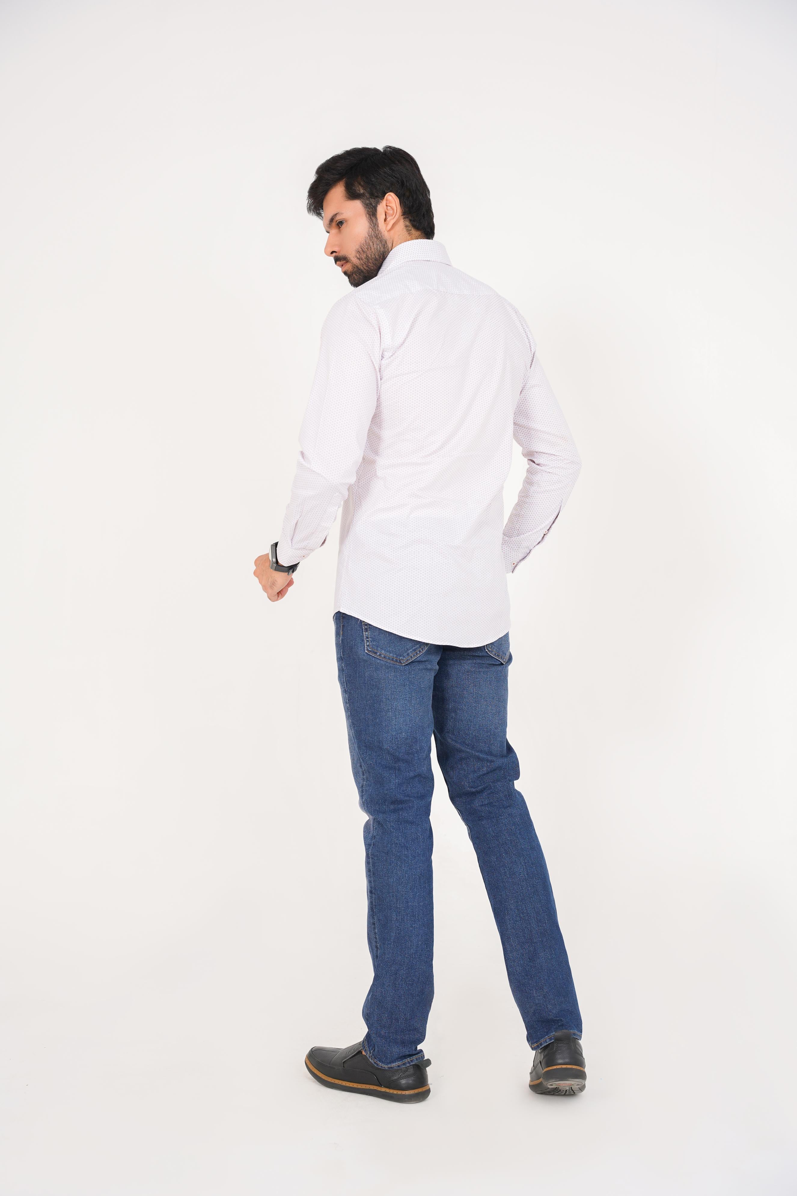 Zara Men's  Regular Fit White Shirt With Red Micro Pattern