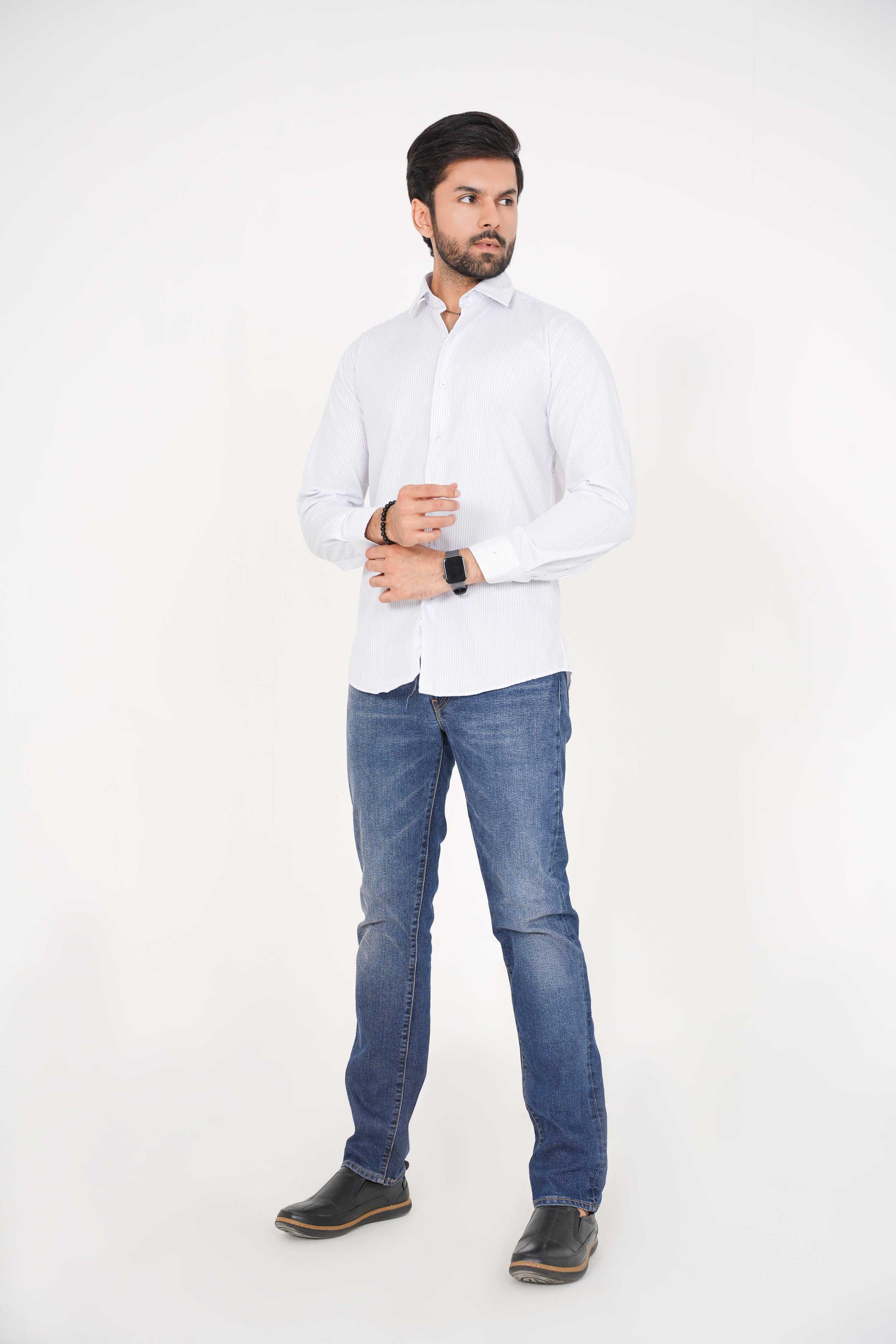 ZARA Men’s  Regular Fit  Striped Dress Shirt – White & Blue