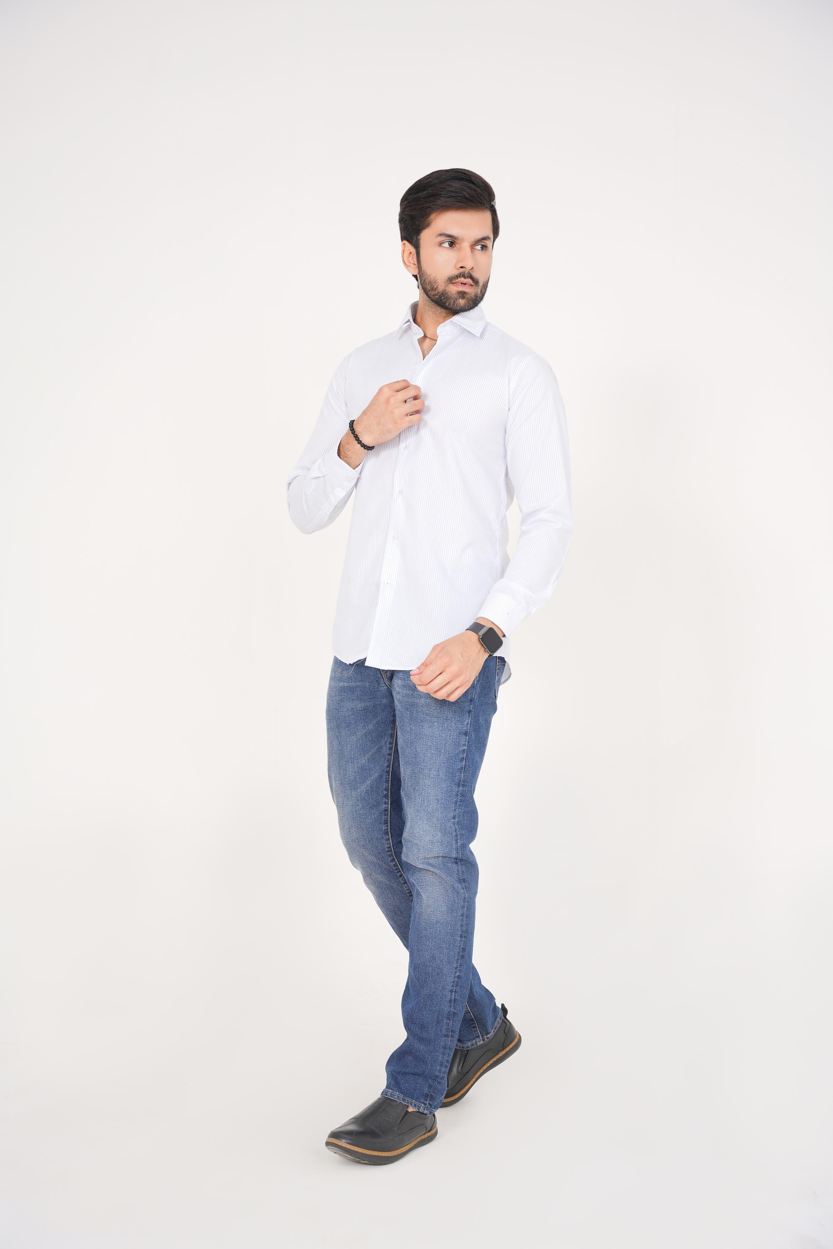 ZARA Men’s  Regular Fit  Striped Dress Shirt – White & Blue