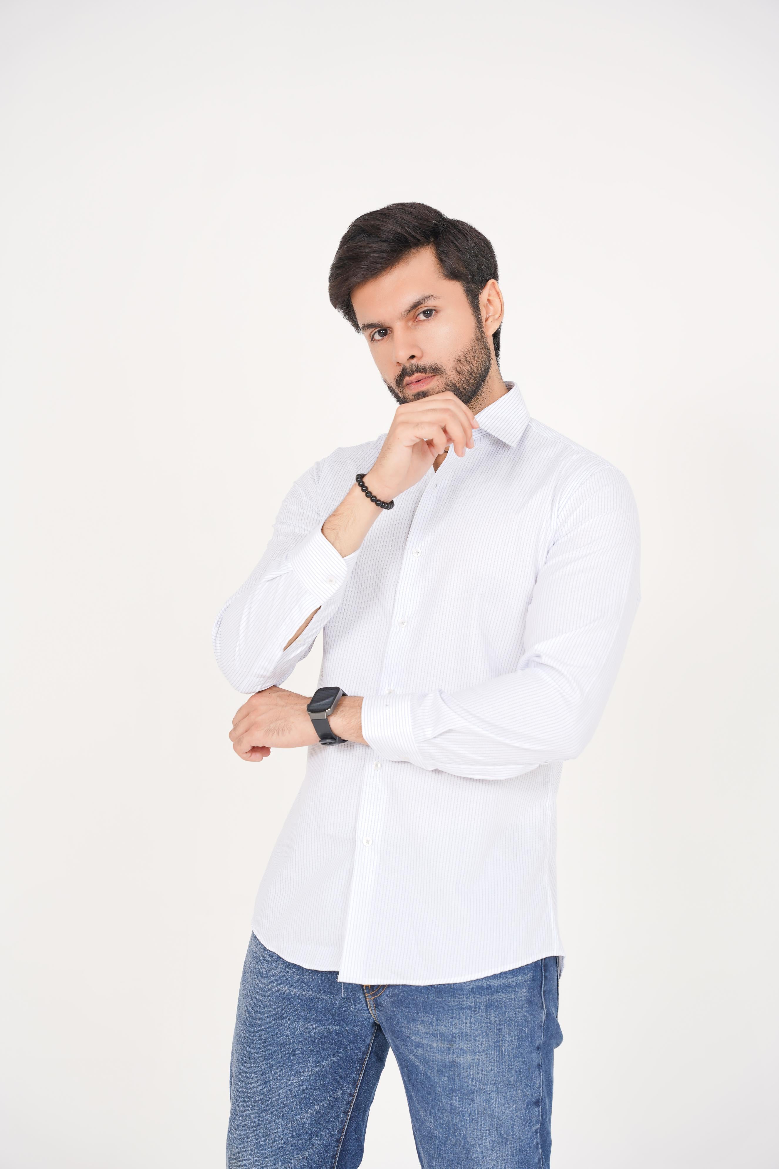 ZARA Men’s  Regular Fit  Striped Dress Shirt – White & Blue