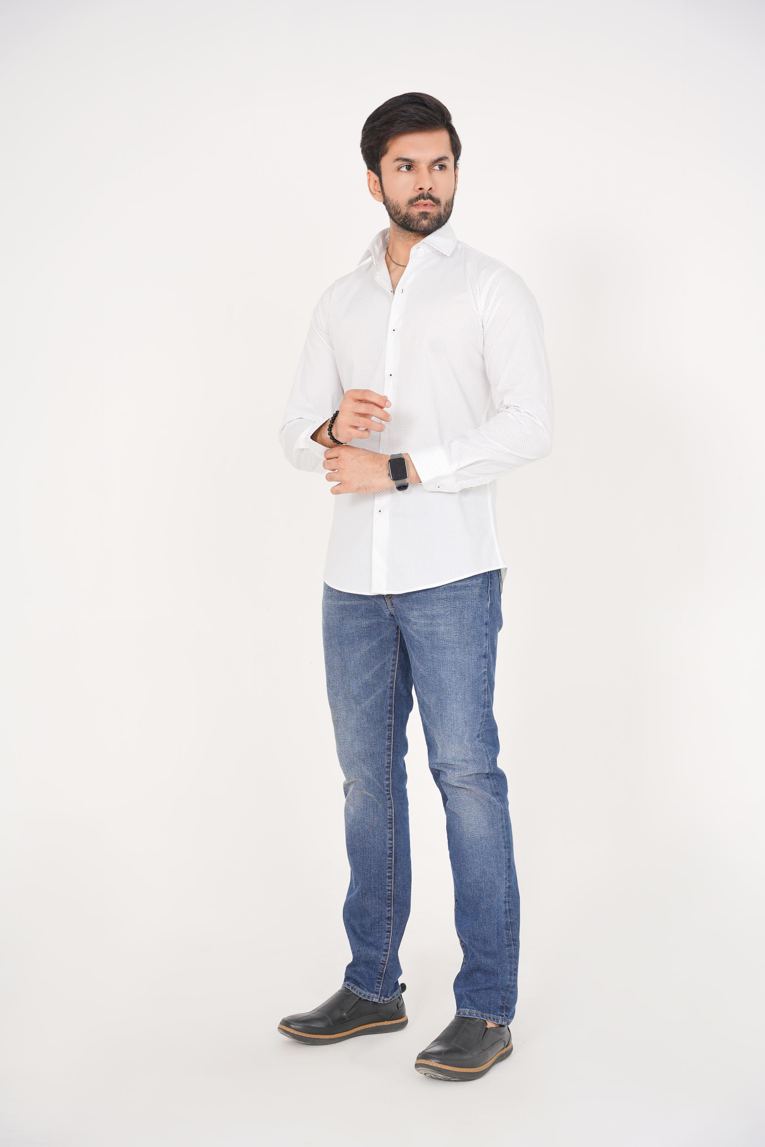 Zara Men's  Regular Fit White Shirt with Blue Dotted Pattern