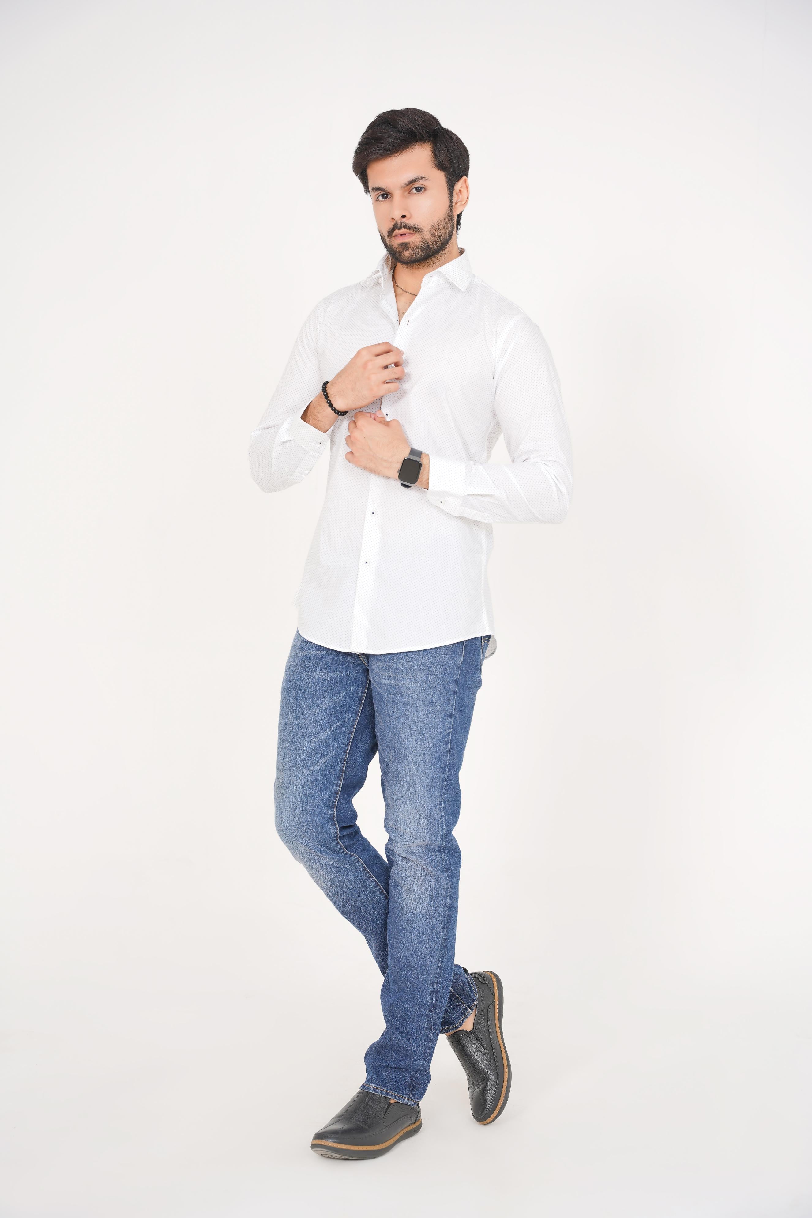 Zara Men's  Regular Fit White Shirt with Blue Dotted Pattern