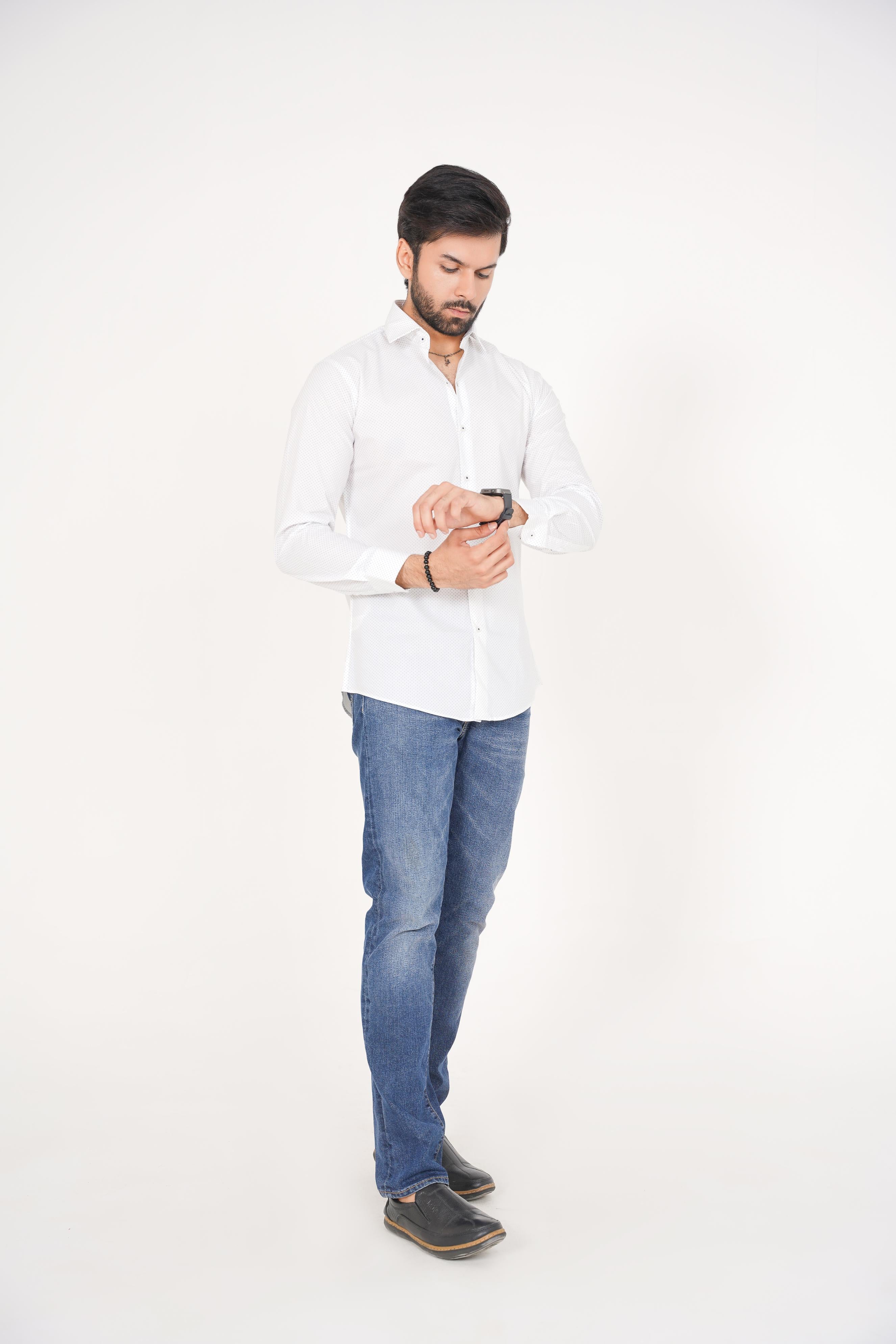 Zara Men's  Regular Fit White Shirt with Blue Dotted Pattern