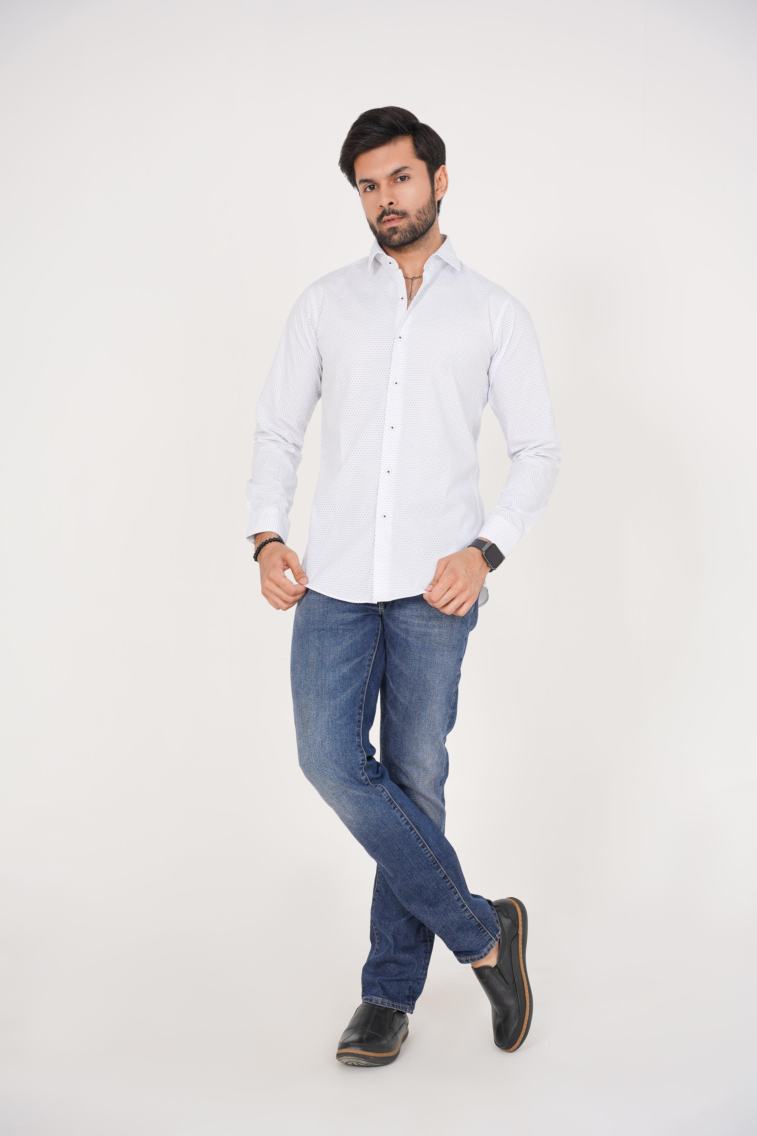 Zara Men's  Regular Fit White Shirt With Blue Micro Pattern