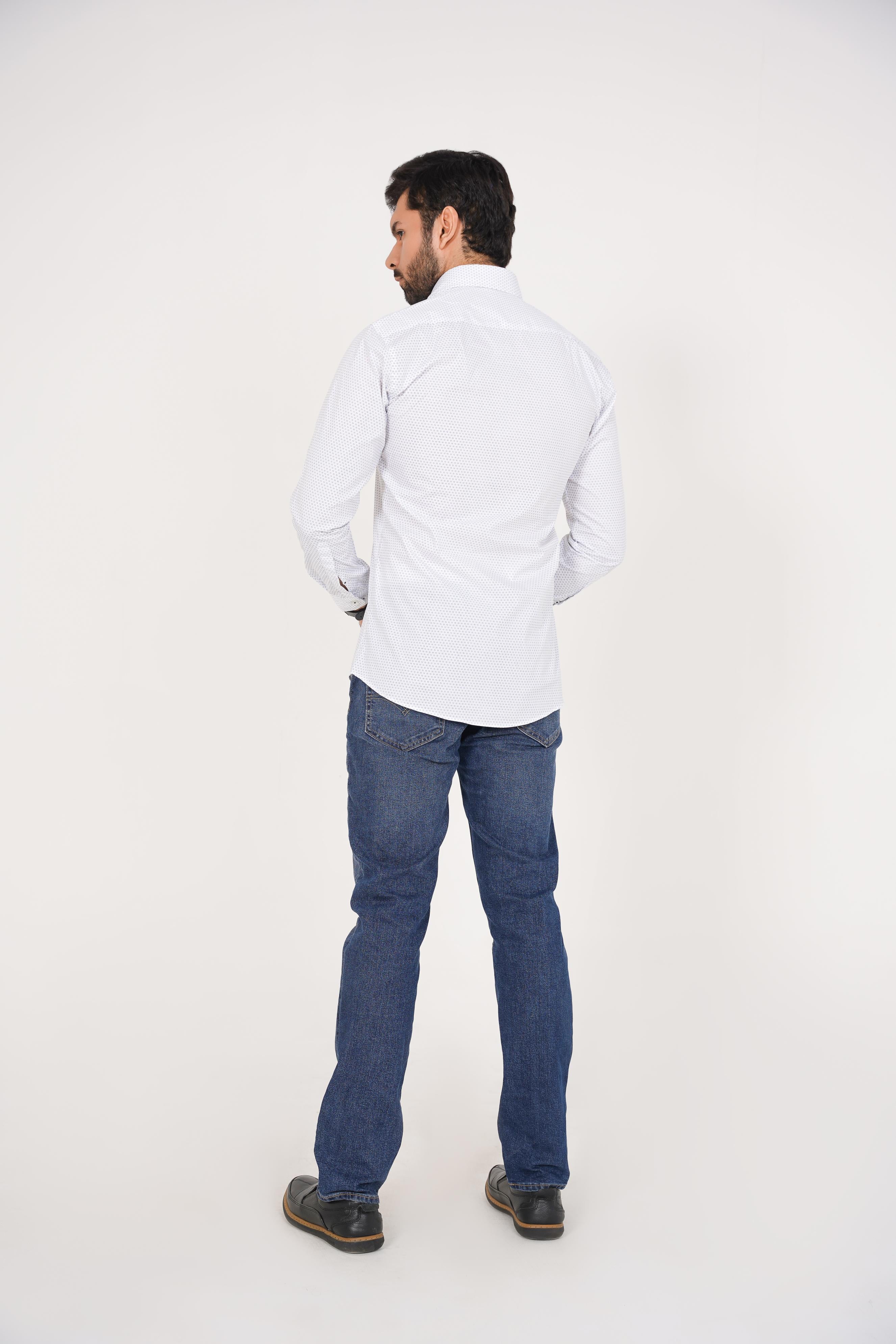Zara Men's  Regular Fit White Shirt With Blue Micro Pattern