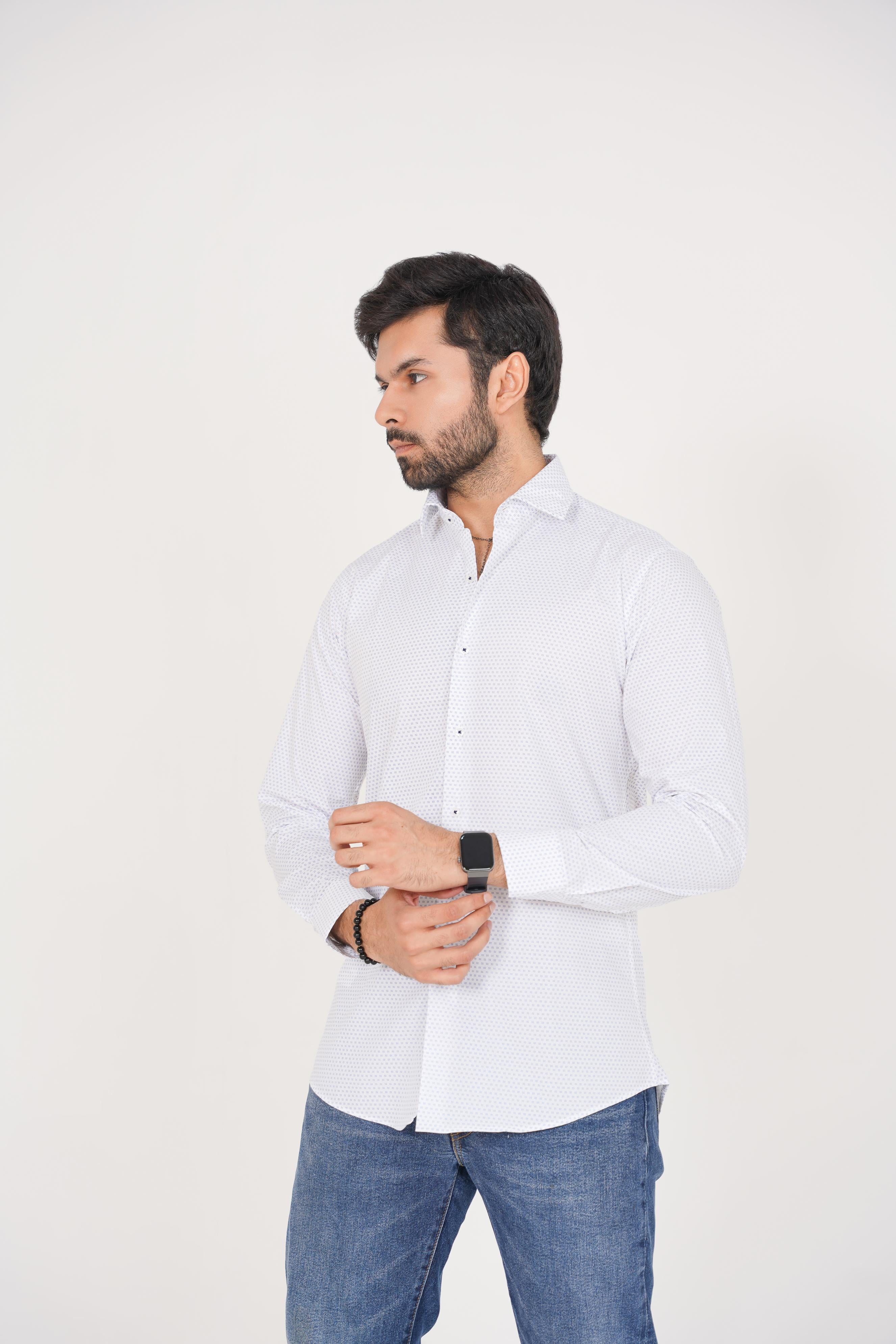 Zara Men's  Regular Fit White Shirt With Blue Micro Pattern